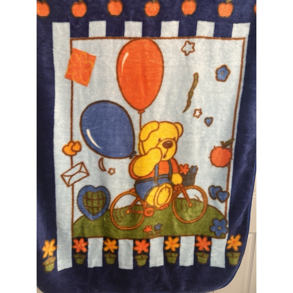 Vintage Baby Blanket‎ Mink Plush Deep Blue Teddy Bear Riding Bicycle 52"x40" - Picture 6 of 10